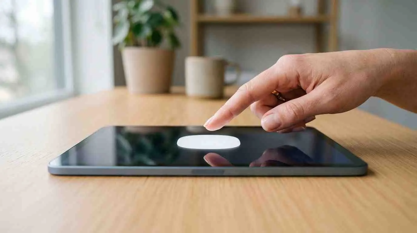 Een close-up van een hand die op het touchscreen van een moderne tablet drukt tijdens het werken.