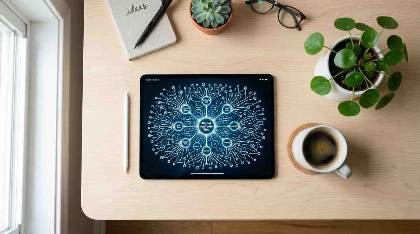 Een bovenaanzicht van een tablet met een digitaal webdiagram op een bureau met kantoorbenodigdheden.
