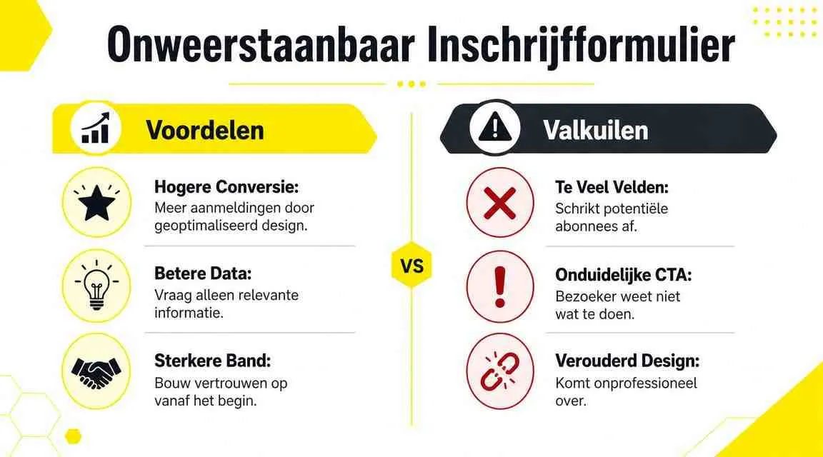 Een infographic die de voordelen en valkuilen van een effectief inschrijfformulier voor nieuwsbrieven overzichtelijk presenteert.