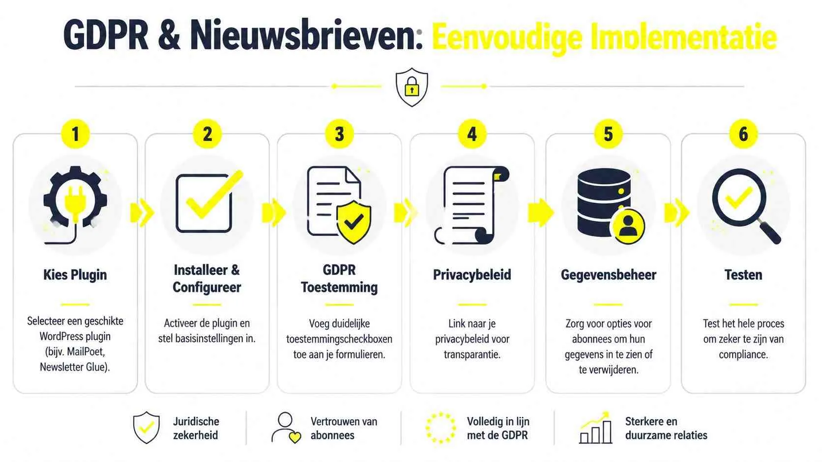 Een stappenplan voor het implementeren van de GDPR-wetgeving bij het versturen van zakelijke nieuwsbrieven via WordPress.