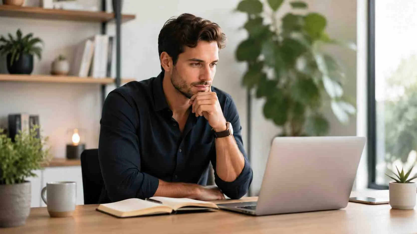 Een professionele man in een donker overhemd werkt gefocust op zijn laptop aan een bureau in een kantoor.