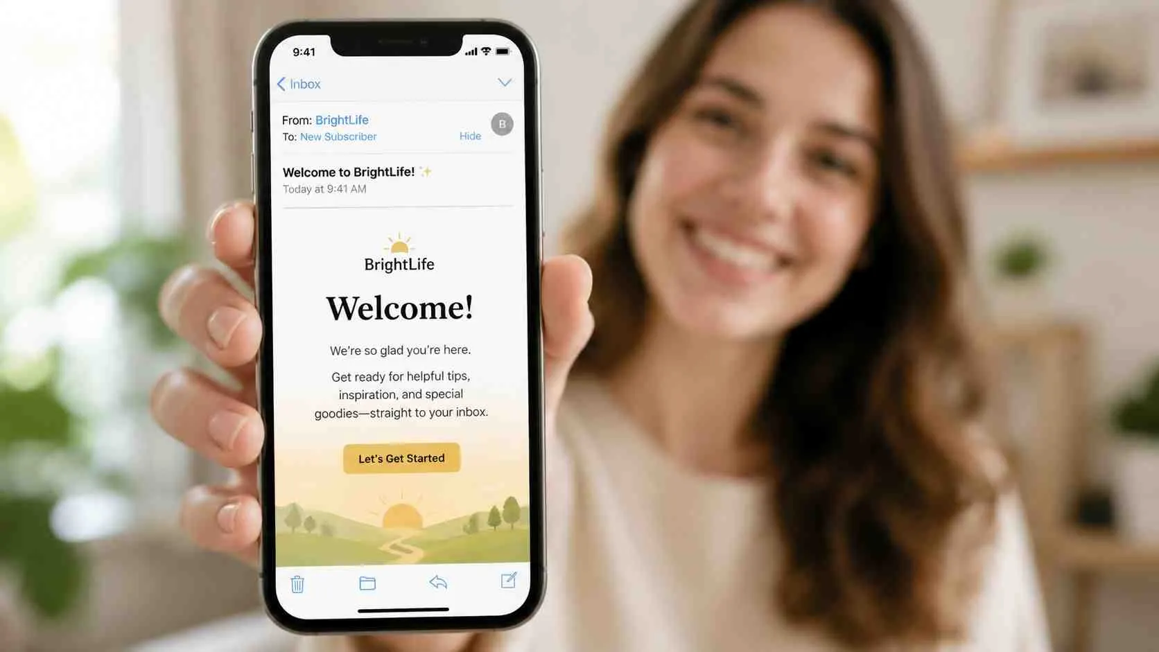 Een glimlachende vrouw houdt een smartphone vast waarop een welkomstmail van de BrightLife-nieuwsbrief wordt weergegeven.