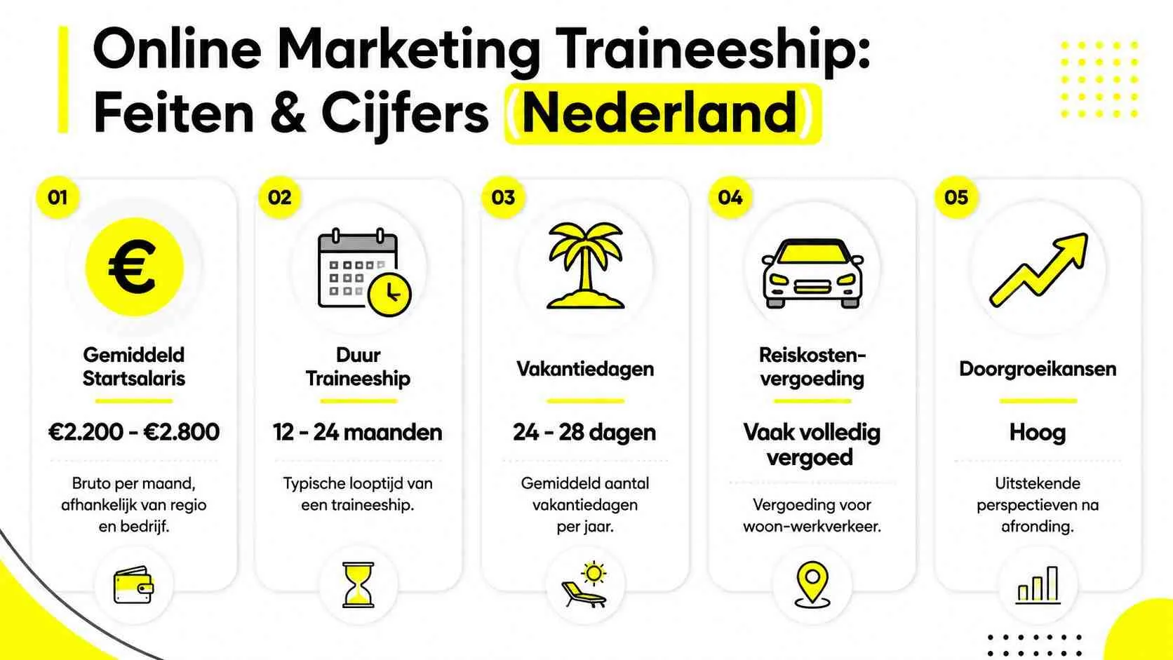 Een infografiek die de vijf belangrijkste voordelen van een online marketing traineeship voor starters uitlegt.