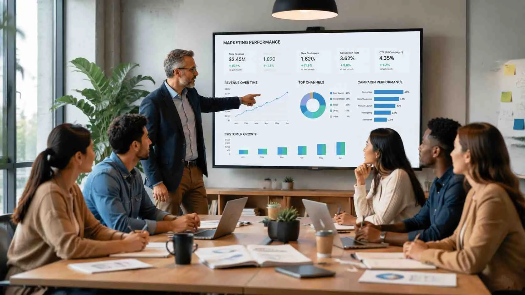 Een zakelijke presentatie over marketingprestaties waarbij een man een team toespreekt in een moderne vergaderruimte.