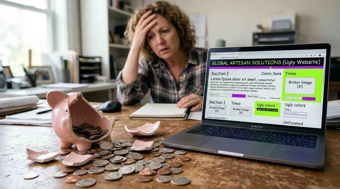 Een gefrustreerde vrouw kijkt naar een kapotte spaarpot en een laptop met een slecht webdesign.