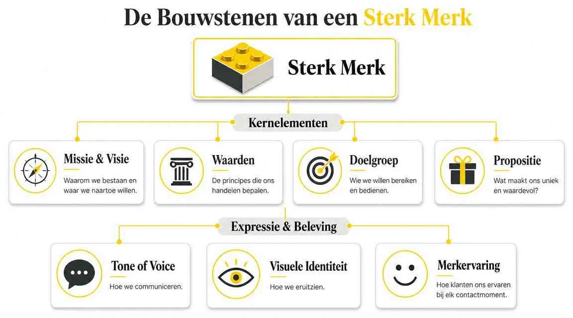 Een overzicht van de essentiële bouwstenen van een sterk merk, inclusief kernelementen, expressie en merkbeleving.