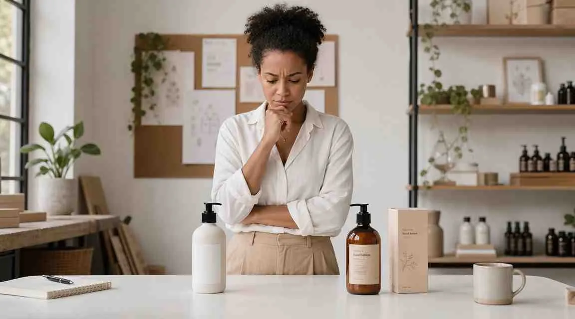 Een vrouw in een studio denkt diep na bij flessen handlotion voor haar eigen nieuwe merk.