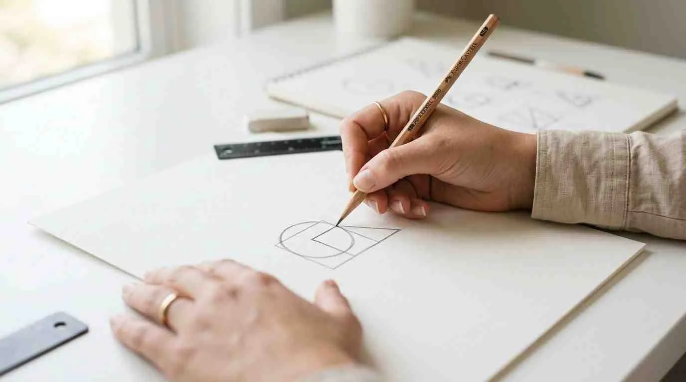 Een ontwerper tekent een minimalistisch logo op wit papier met een Faber-Castell potlood op een bureau.