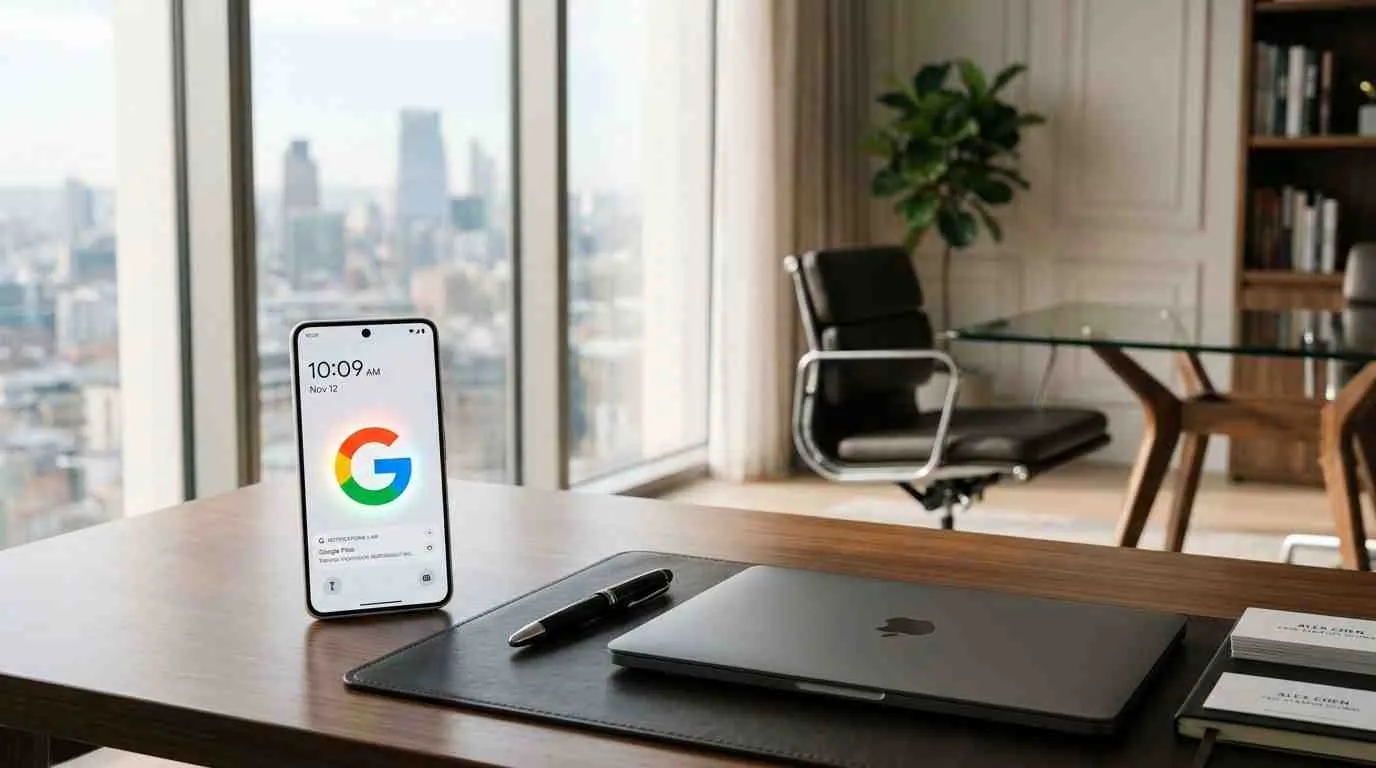 Een moderne smartphone op een bureau met een Google-logo, een laptop en een pen in een kantoor.