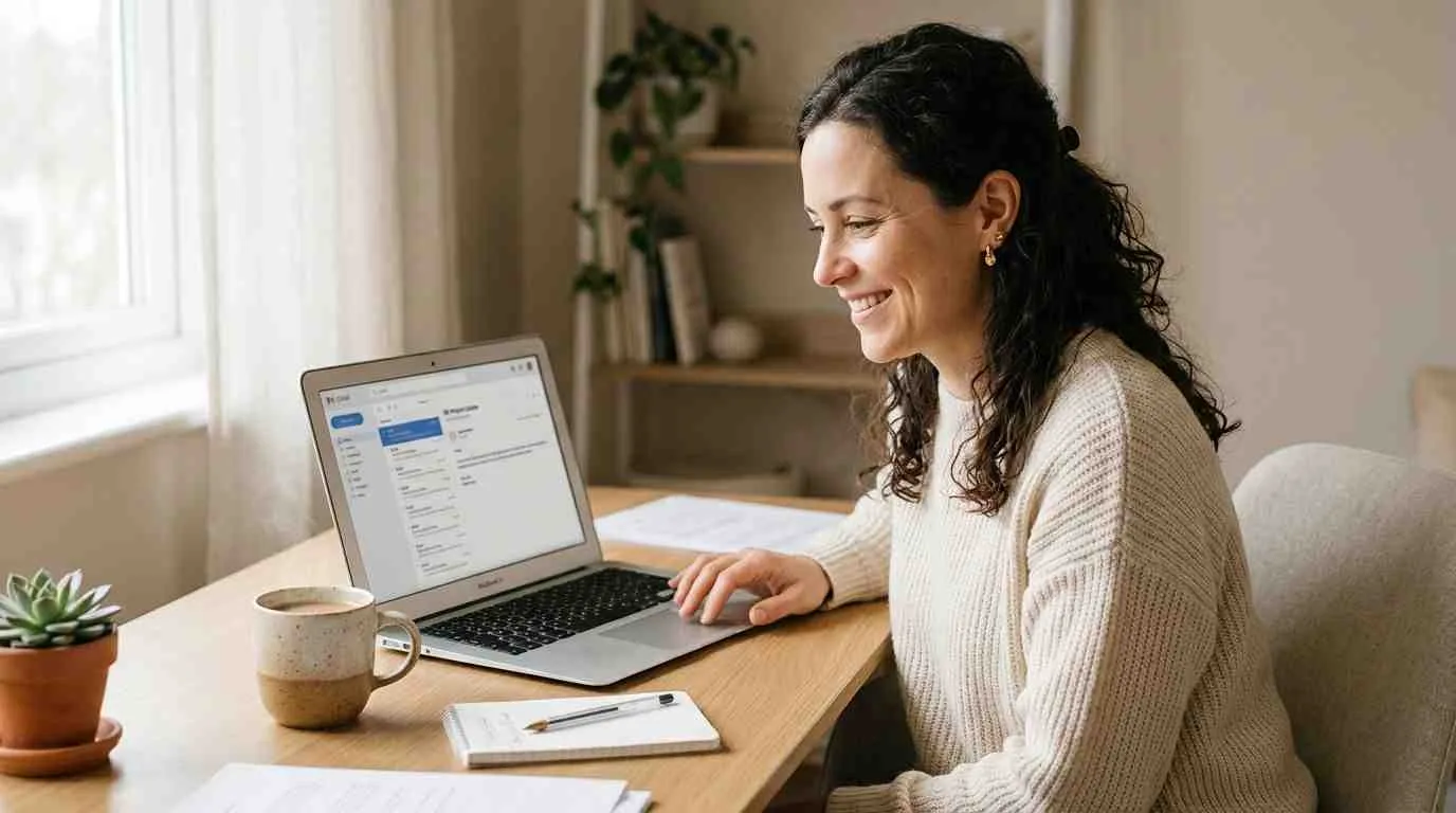 Een glimlachende vrouw werkt aan haar laptop in een rustige werkomgeving met een warme kop koffie.