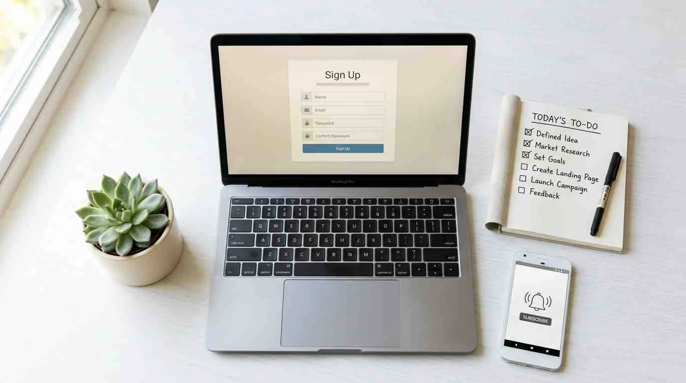 Een bureau met een laptop, notitieblok en mobiele telefoon voor het opzetten van een e-mailmarketingstrategie.