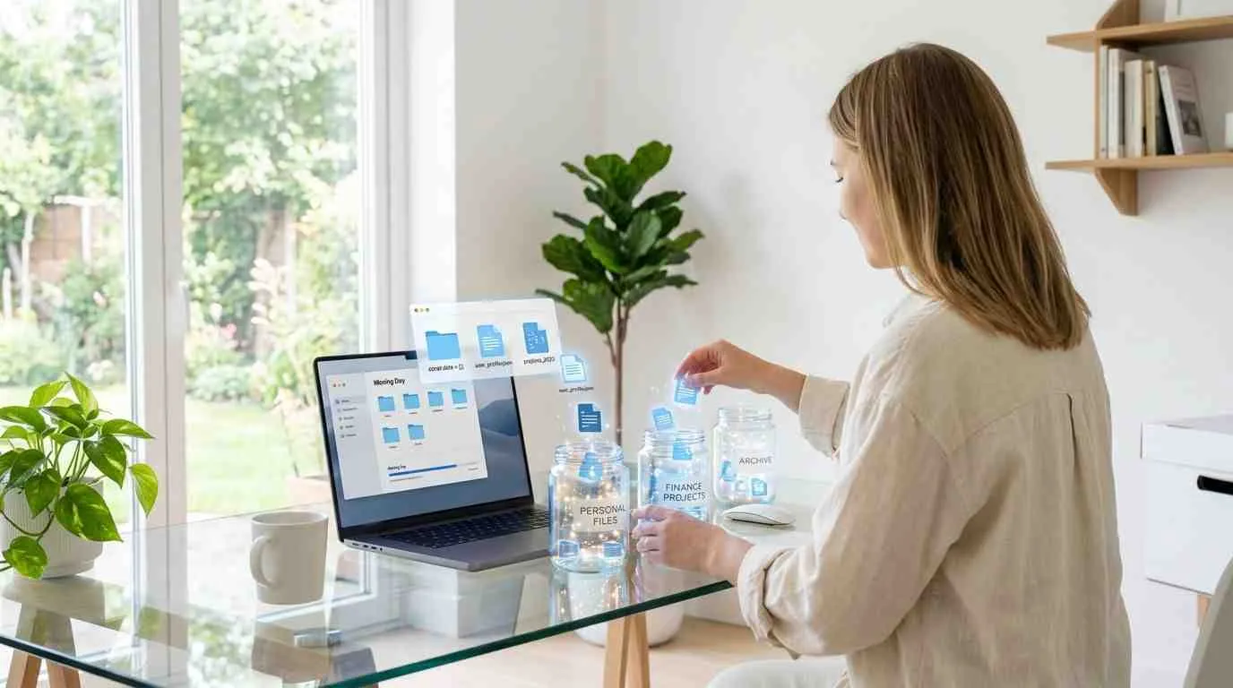 Een vrouw organiseert digitale bestanden in glazen potten op een bureau voor een betere workflow en structuur.
