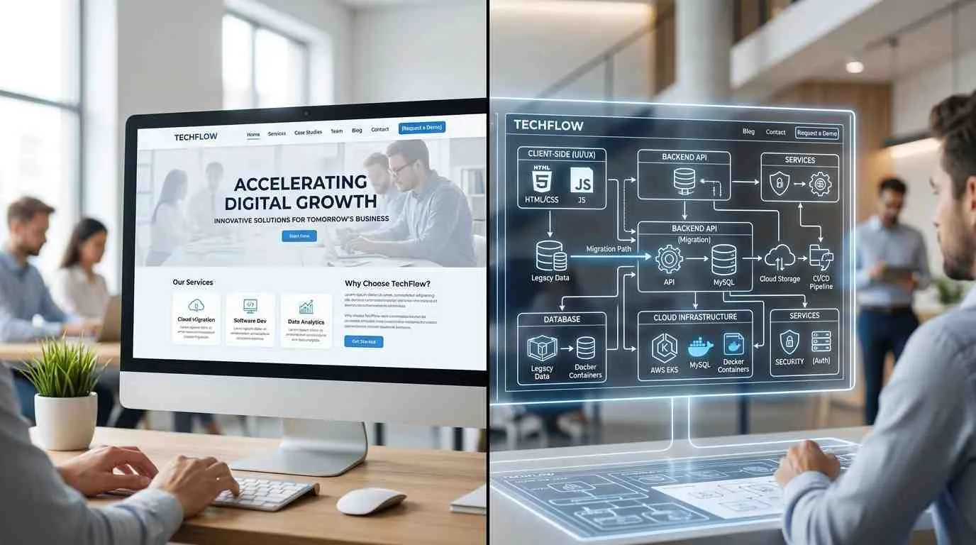 Een medewerker werkt op een computer aan digitale groeistrategieën en cloud migratie in een modern kantoor.