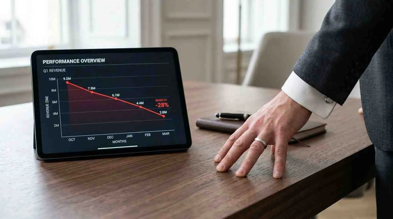 Een zakelijke man kijkt naar een tablet met een grafiek die een dalende omzet in het eerste kwartaal toont.