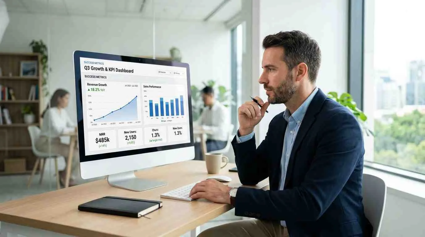 Een professionele man in een kantoor kijkt geconcentreerd naar een bedrijfsdashboard op zijn computerscherm.