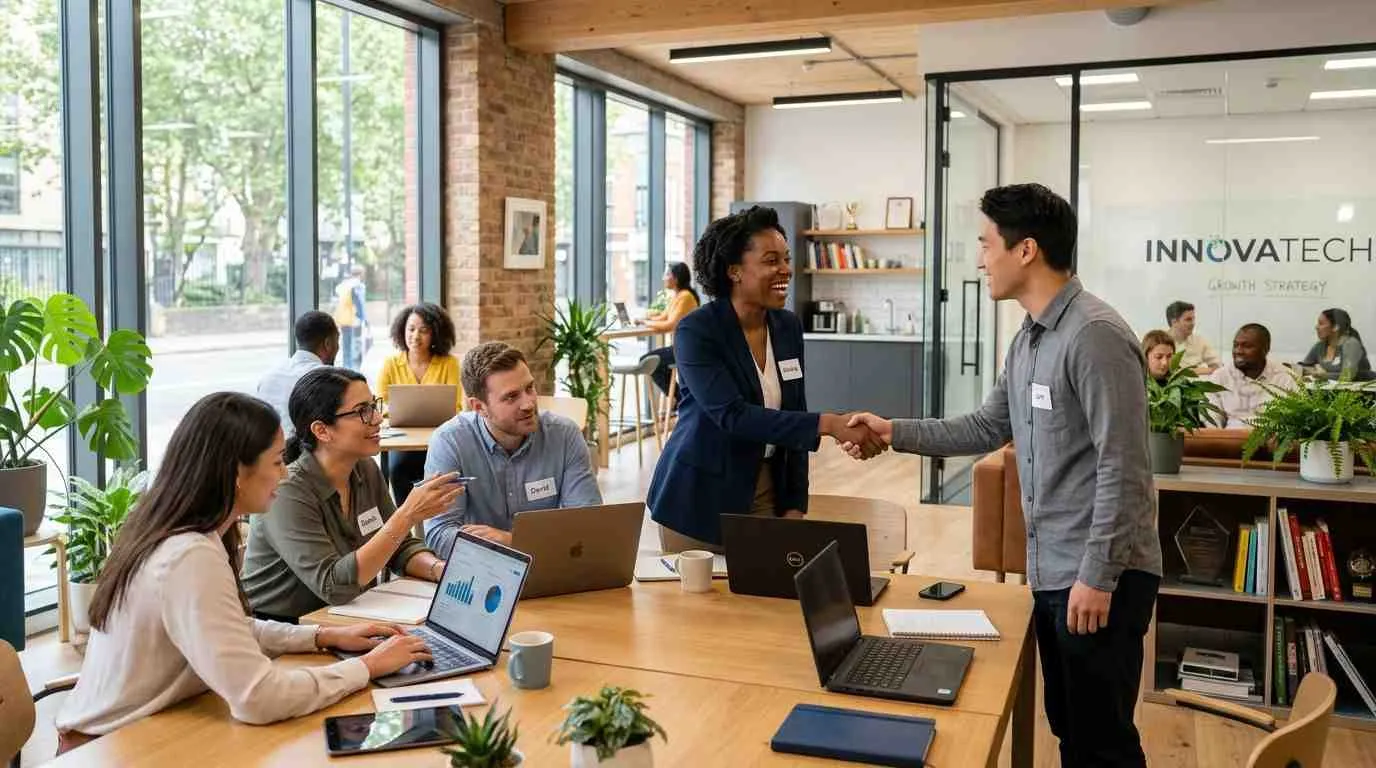 Een diverse groep professionals in een moderne kantooromgeving die vergaderen en elkaar de hand schudden.