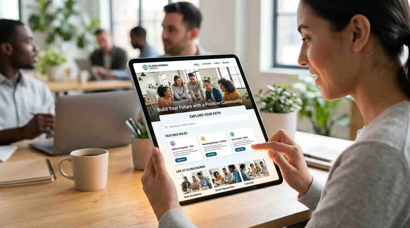 Een vrouw gebruikt een tablet om vacatures te bekijken op de website van GlobalWorks Careers op kantoor.