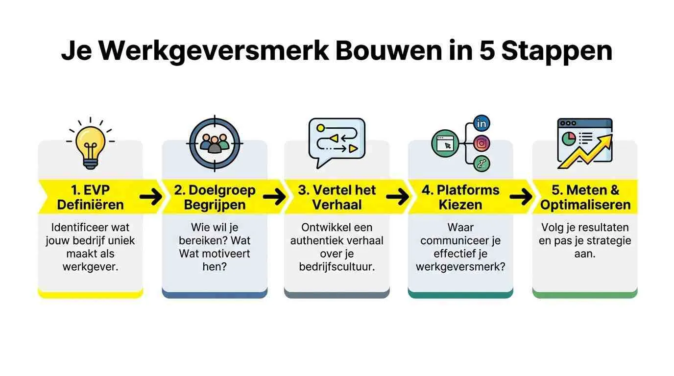 Een conceptuele kaart die uitlegt wat employer branding inhoudt, inclusief uitdagingen, de oplossing en de voordelen.
