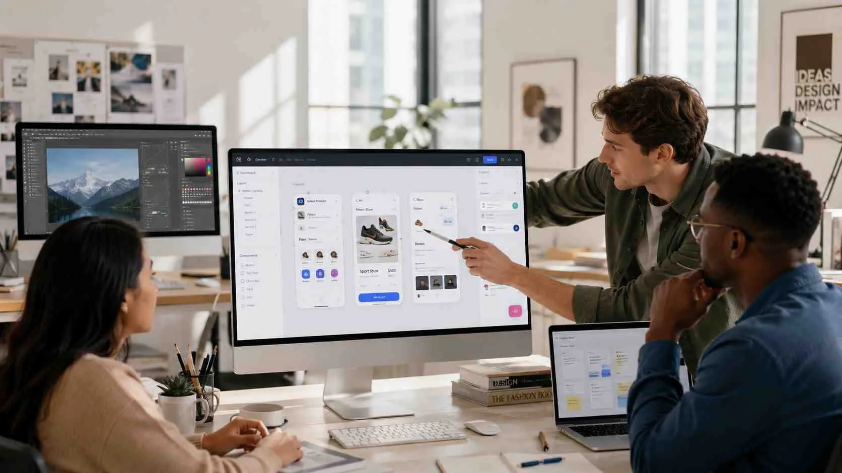 Een divers team van creatieve ontwerpers bespreekt samen een interface-ontwerp op een groot computerscherm op kantoor.