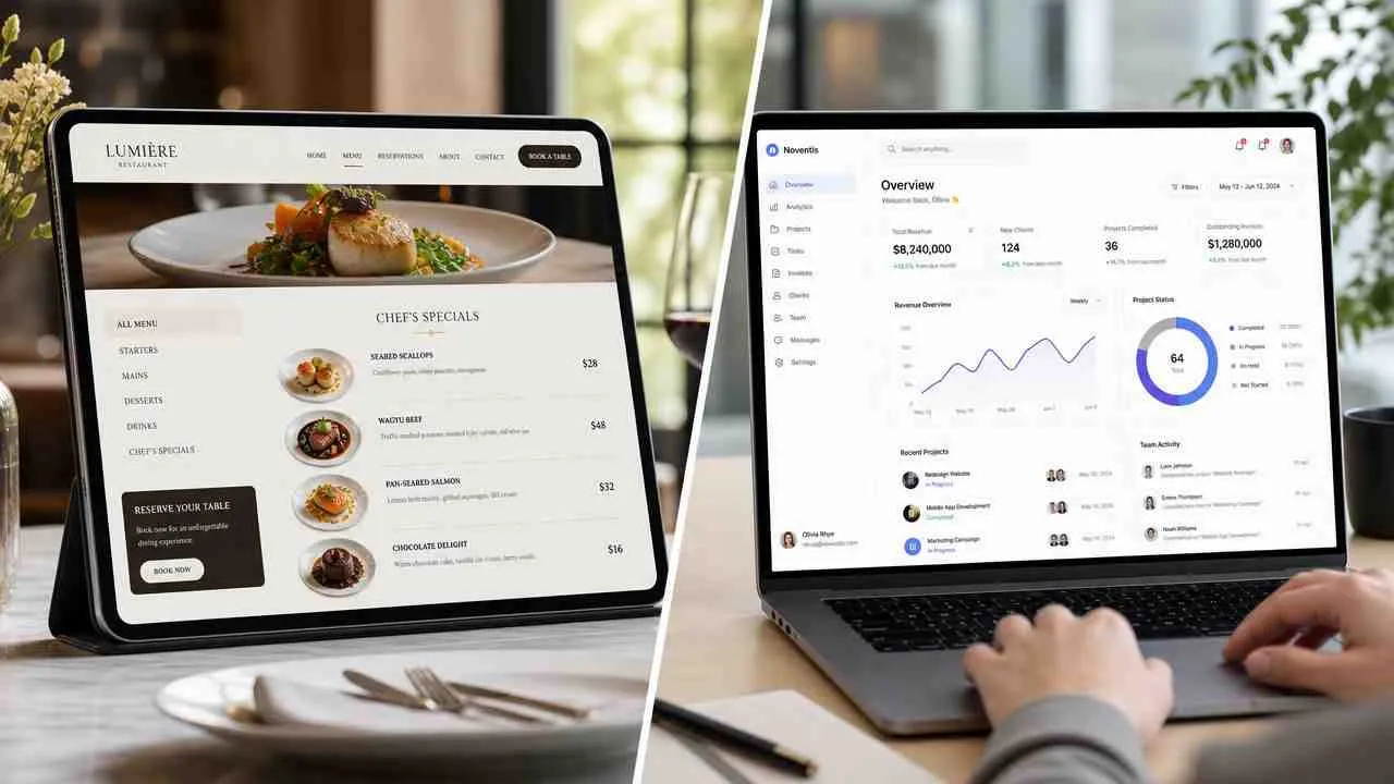 Een tablet met een restaurantmenu en een laptop die een dashboard met bedrijfsgegevens toont op tafel.
