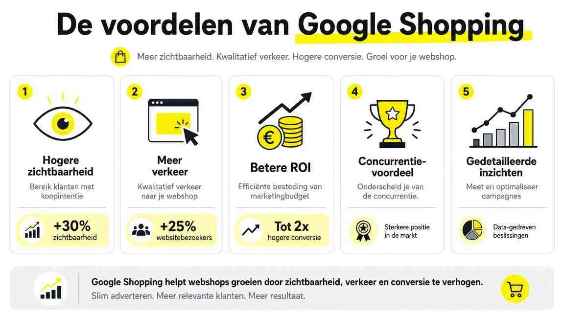 Een infographic die de vijf belangrijkste voordelen van Google Shopping voor webshops in het Nederlands weergeeft.