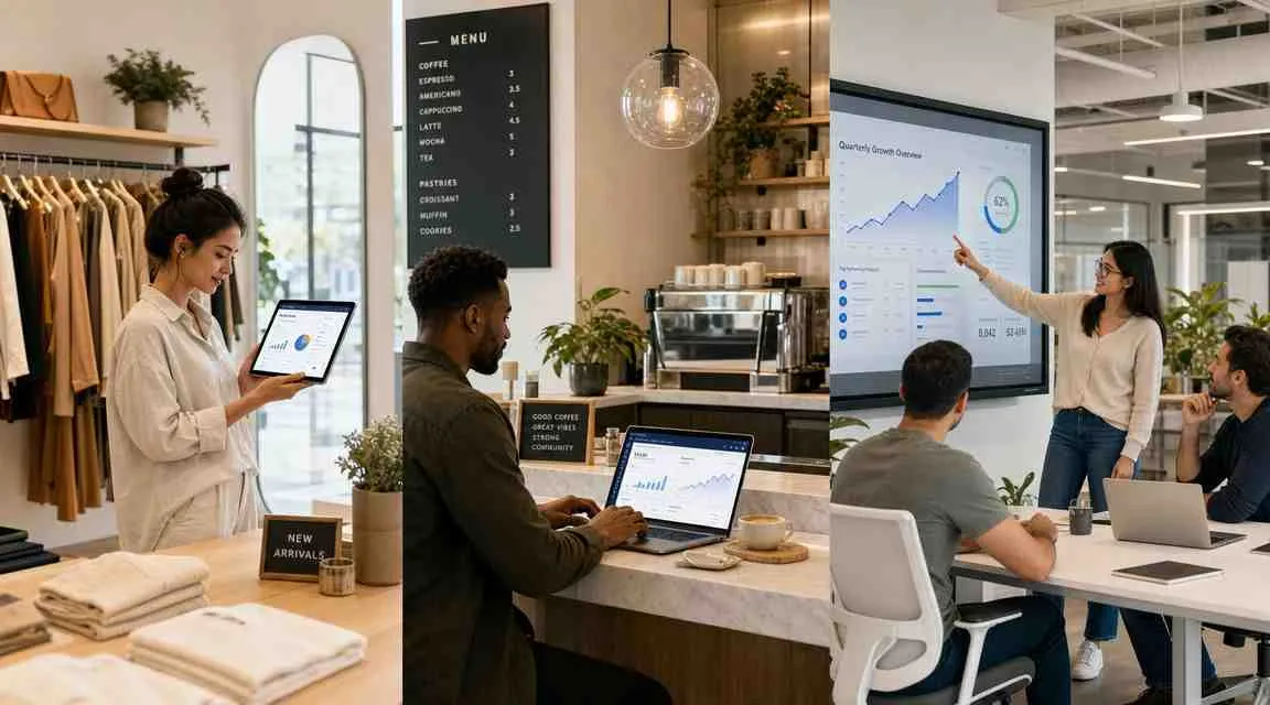 Drie verschillende zakelijke scènes tonen professionals die werken met data, grafieken en digitale analyses in diverse omgevingen.