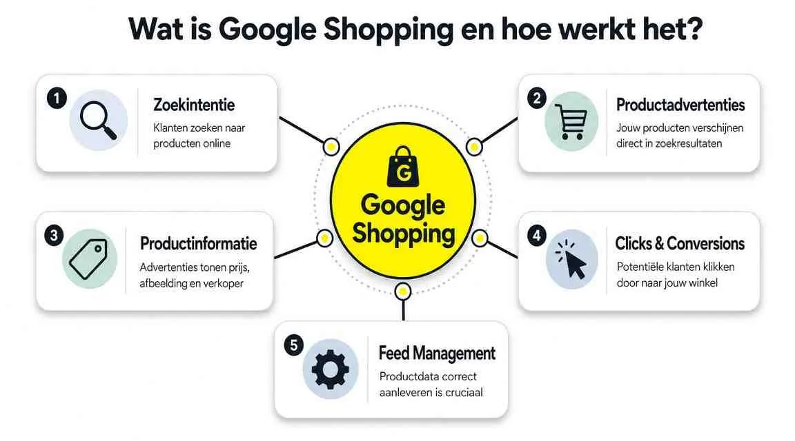 Een overzicht van hoe Google Shopping werkt, weergegeven in vijf stappen met iconen en korte toelichtingen.