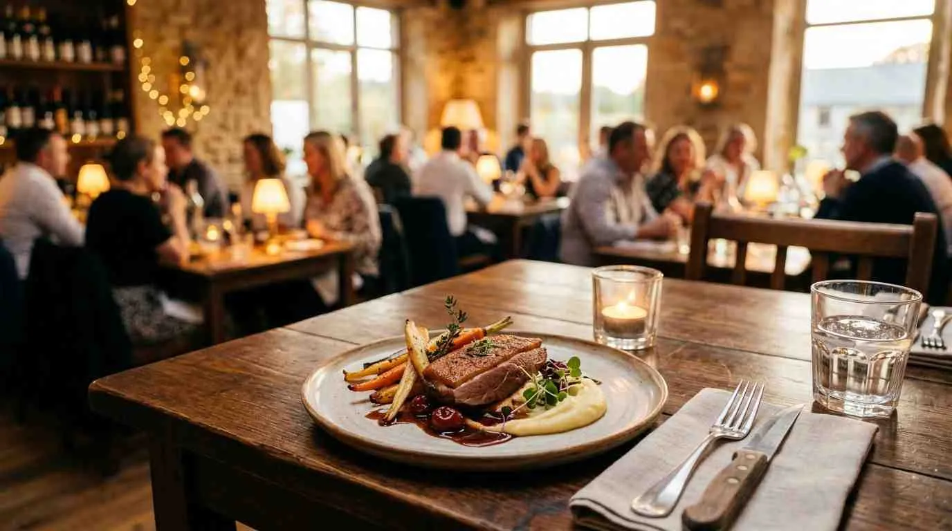 Een elegant opgemaakt bord met geroosterde eend en groenten in een sfeervol restaurant met kaarslicht.