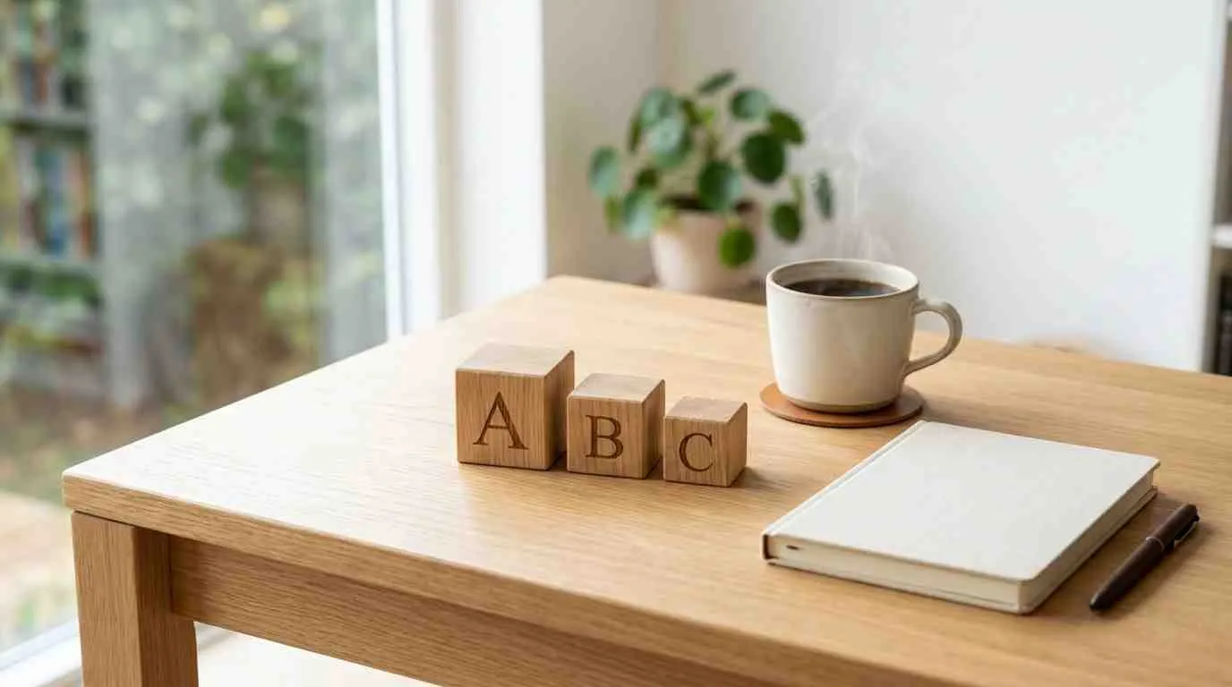 Houten blokken met de letters A, B en C op een bureau met een notitieboek en koffie.