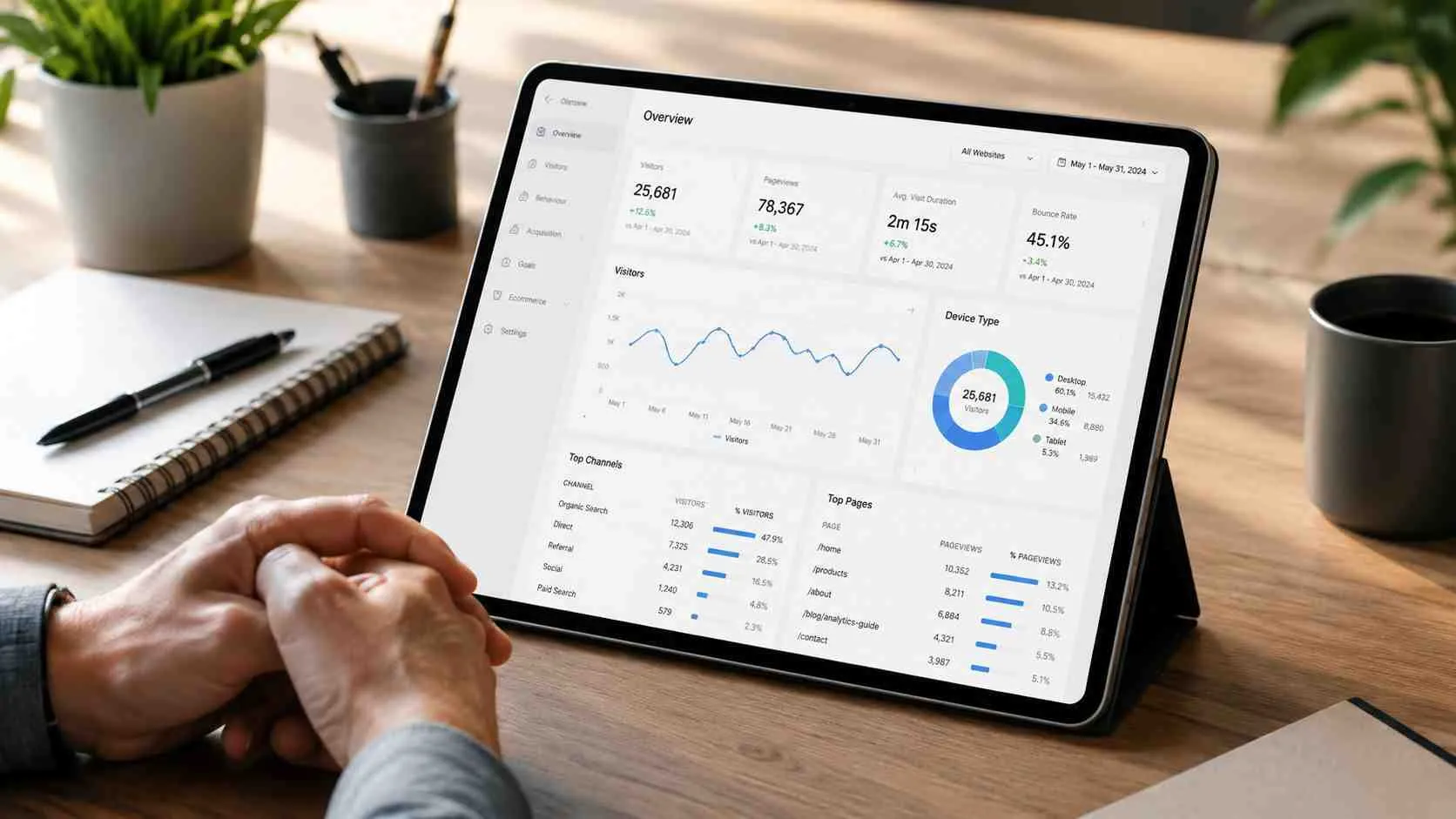 Een persoon bekijkt een dashboard met bezoekersstatistieken voor een website op een tablet op een houten bureau.