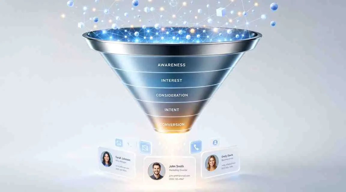 Een marketingtrechter visualisatie met vijf fasen die leidt naar leads zoals contactgegevens van potentiële zakelijke klanten.