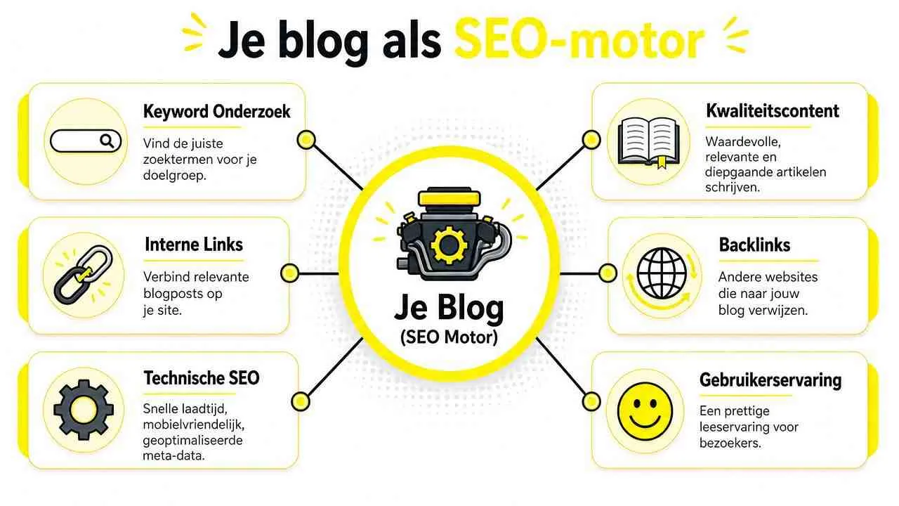 Een infographic die toont hoe je een blog als een SEO-motor inzet met zes essentiële optimalisatiestrategieën.