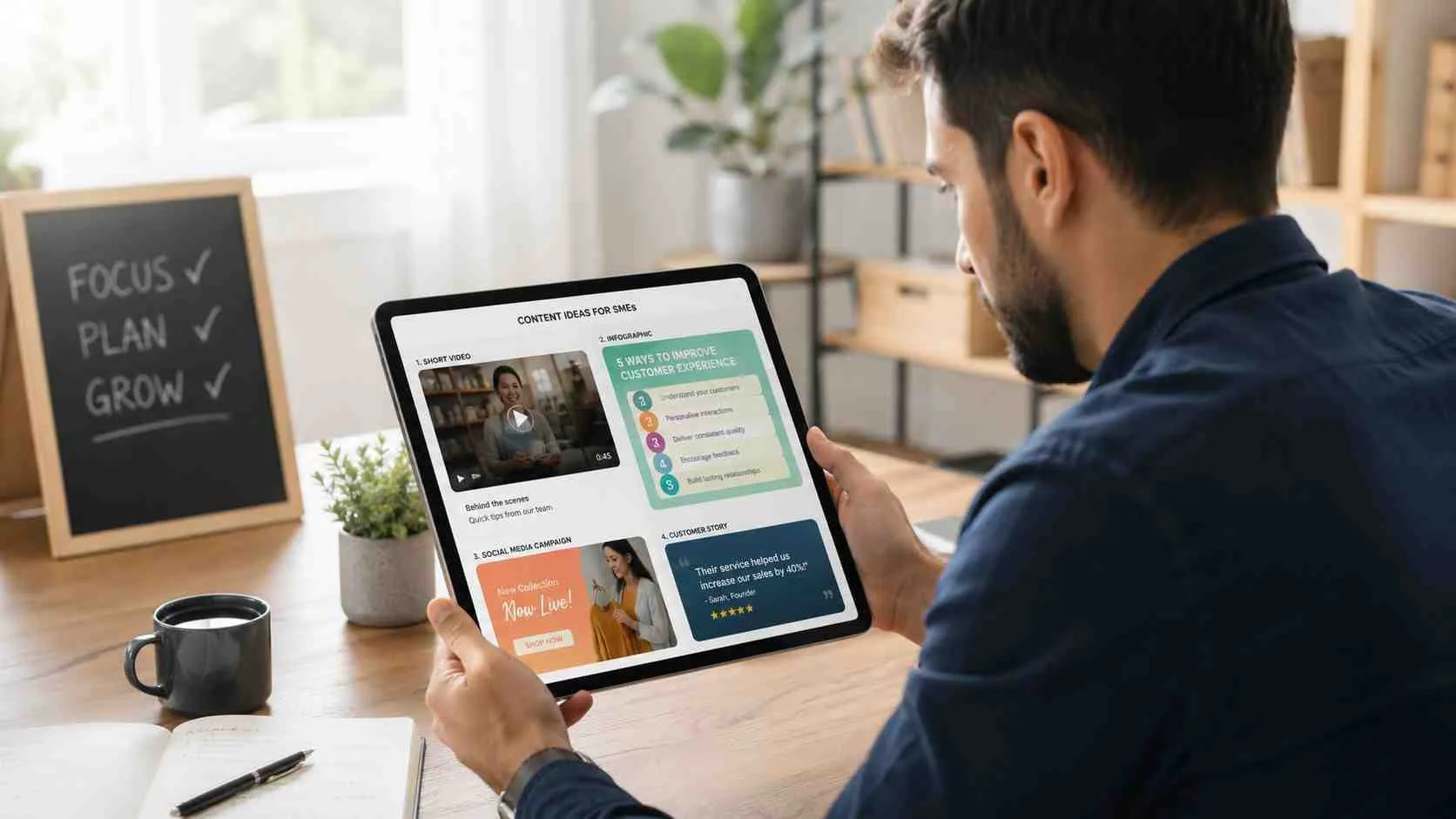 Een man kijkt naar een tablet met content marketing ideeën voor kleine ondernemingen op een bureau.