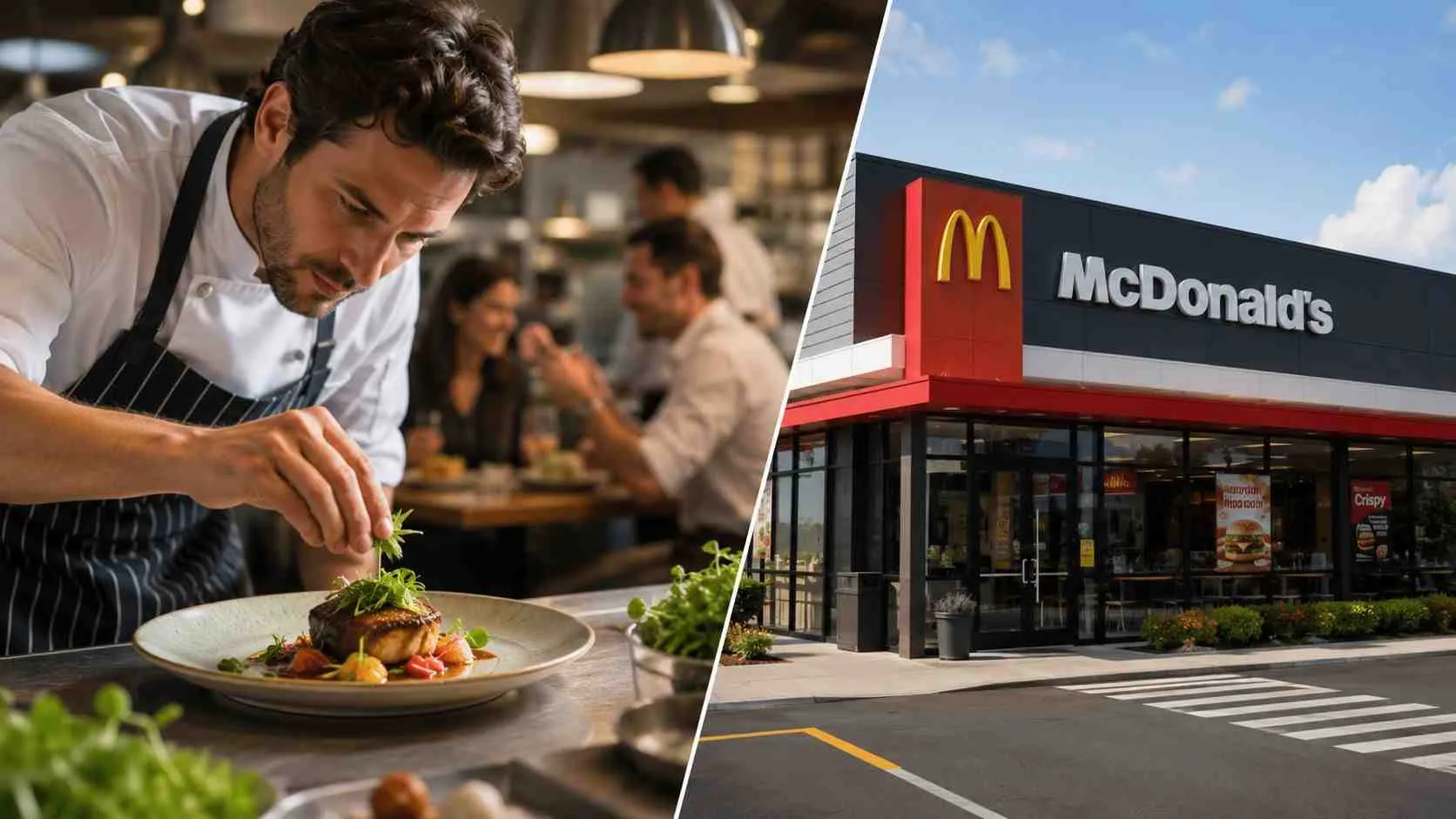 Een combinatiebeeld van een chef-kok die een gerecht bereidt en een modern McDonald's restaurant gebouw.