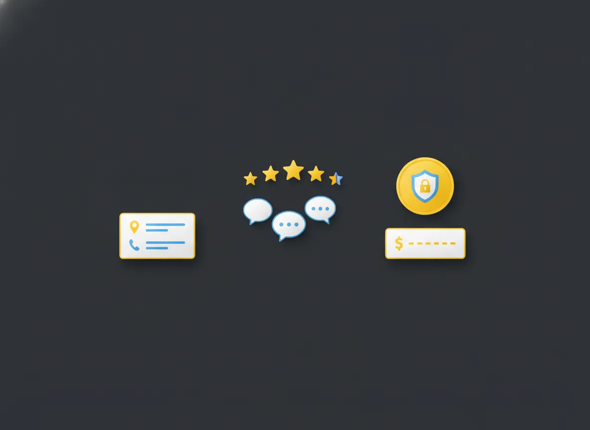 Vertrouwenselementen op een website zoals reviews, adres, betaalmethoden en richtprijzen