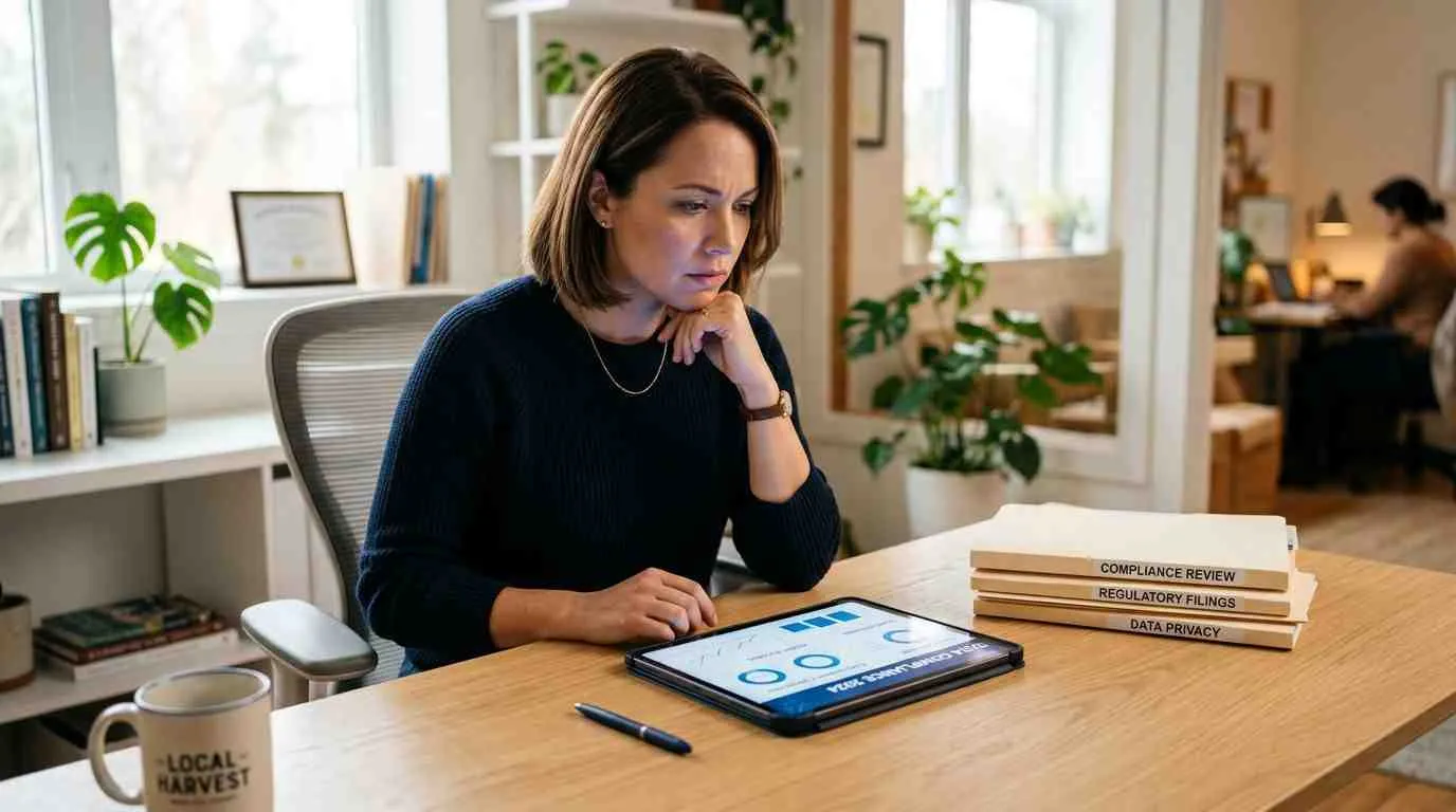 Een zakelijke vrouw zit achter een bureau en analyseert compliance data op een digitale tablet.