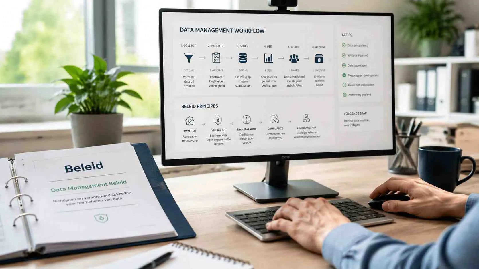 Een persoon die op een computer werkt met een overzichtelijk data management workflow schema op het scherm.