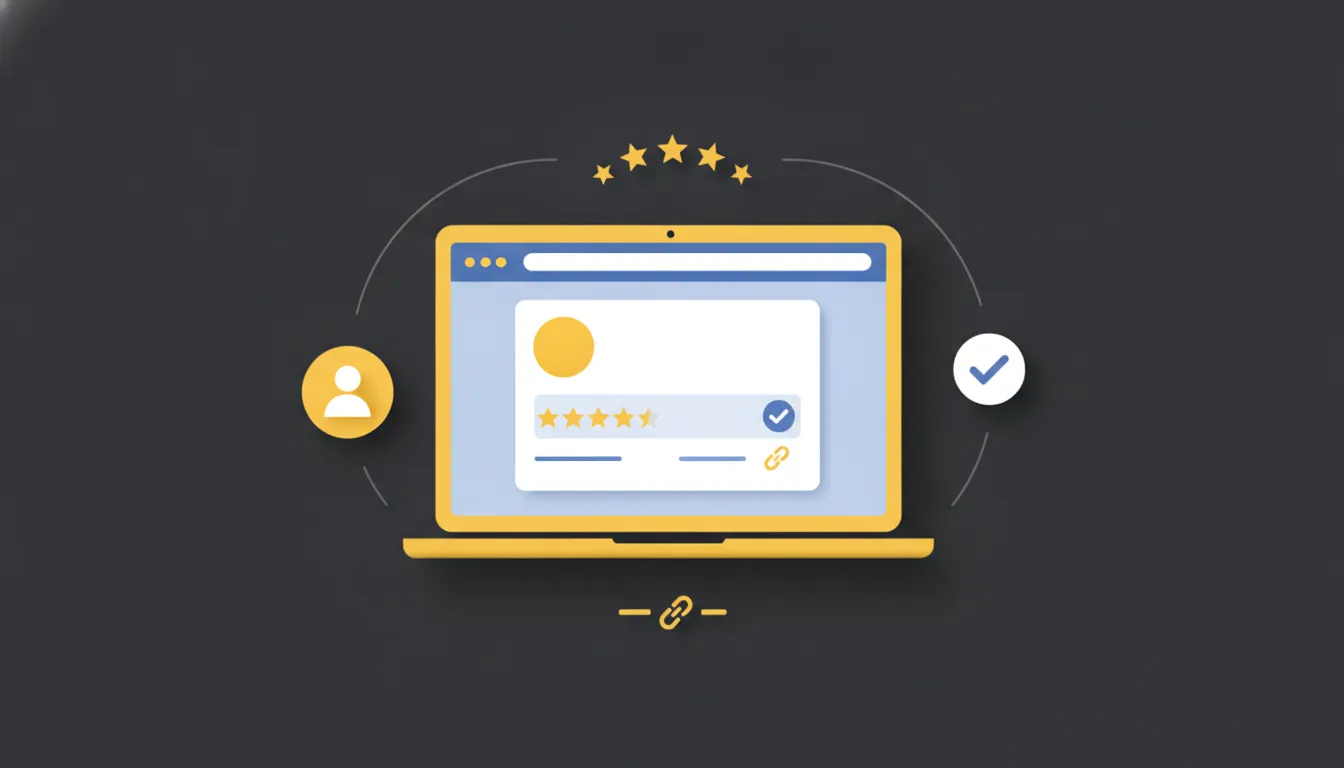 Laptop met website omringd door iconen voor auteur, reviews en vertrouwen als symbool voor E-E-A-T