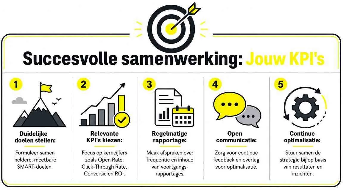 Een overzicht van vijf stappen voor succesvolle samenwerking en KPI-beheer in digitale marketing en strategie.