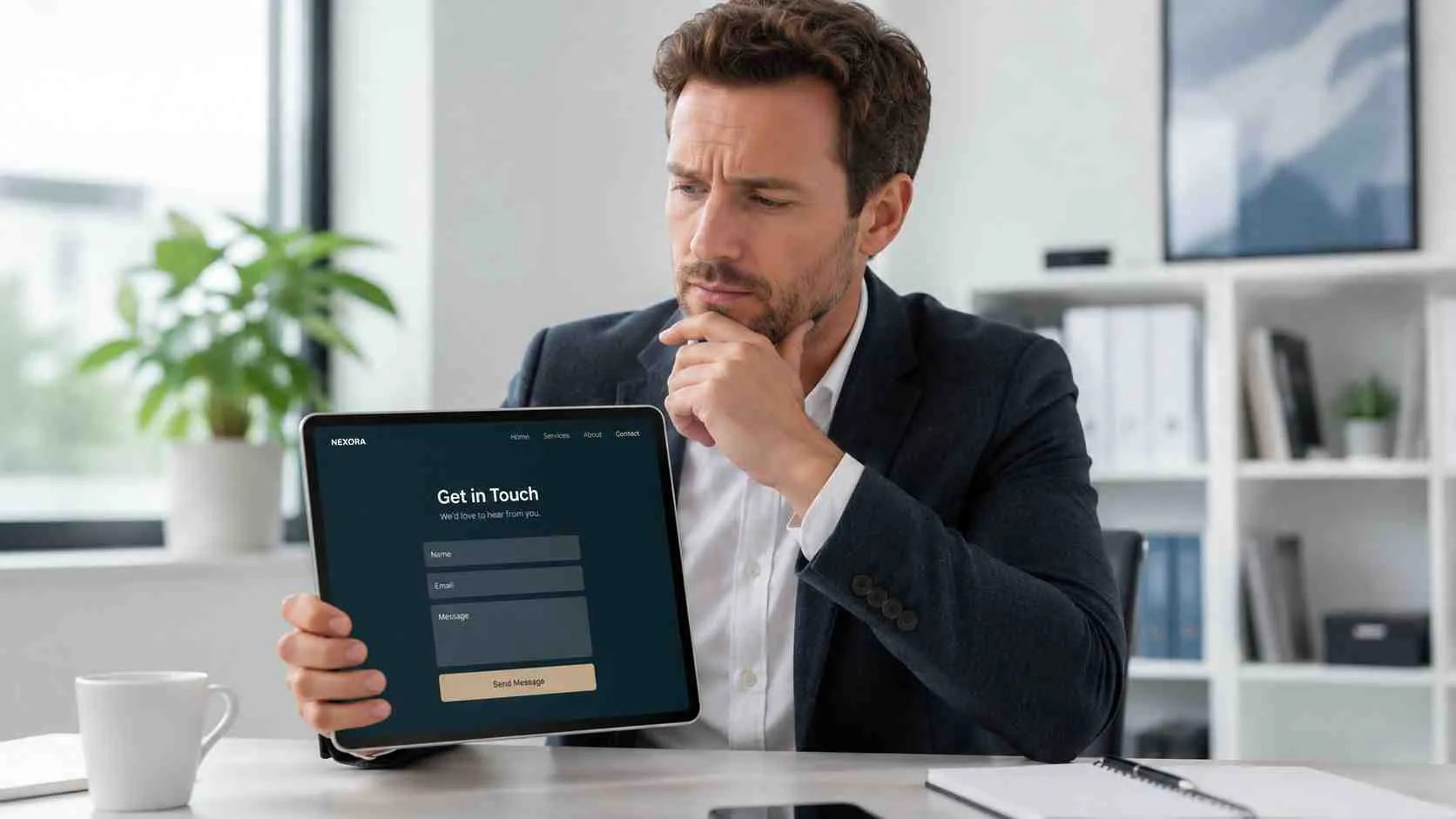 Een professionele man in pak houdt een tablet vast met een contactformulier voor een website op het scherm.