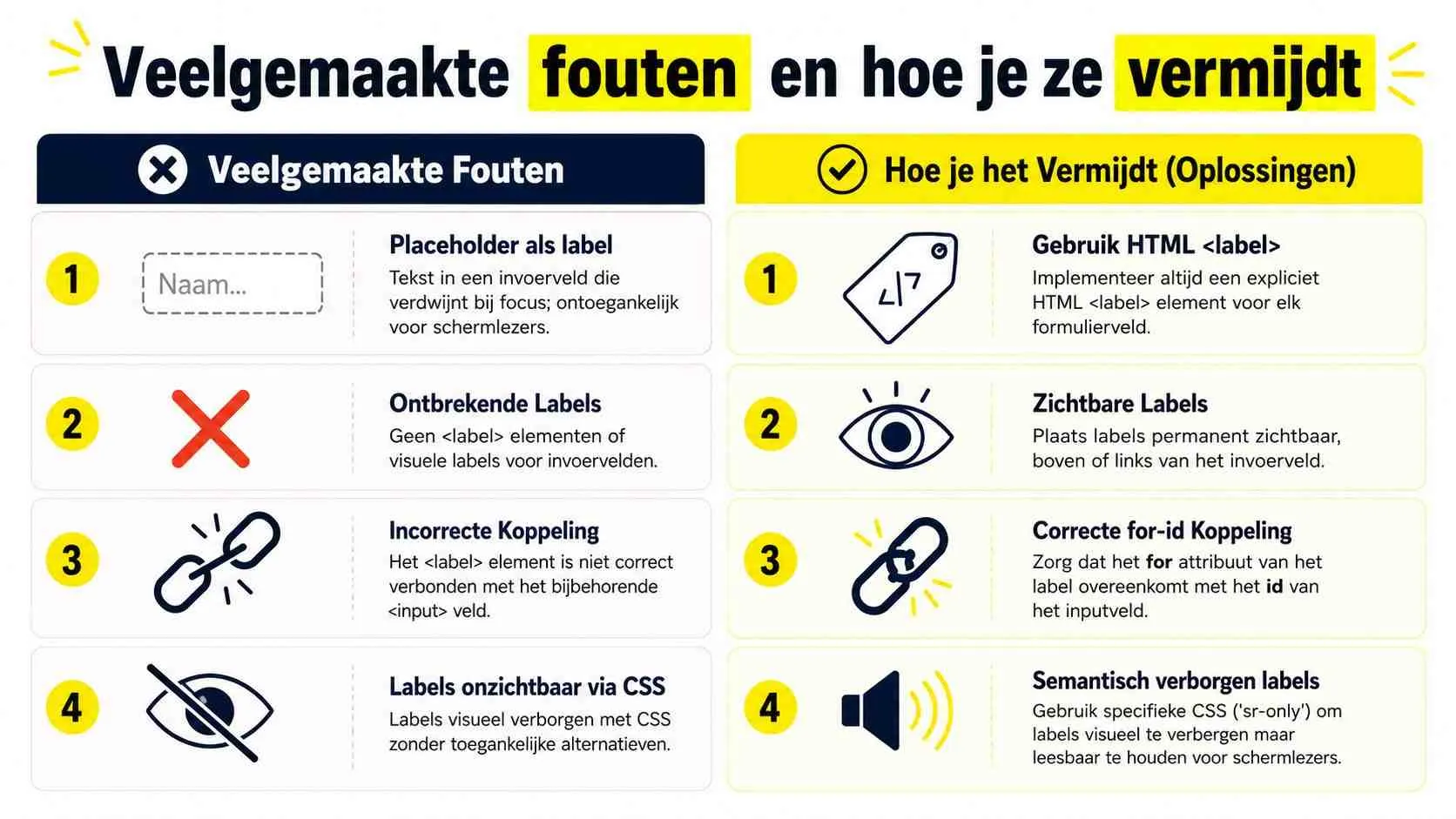 Een overzicht van veelgemaakte fouten bij formulierlabels en bijbehorende toegankelijke oplossingen voor webdesign.