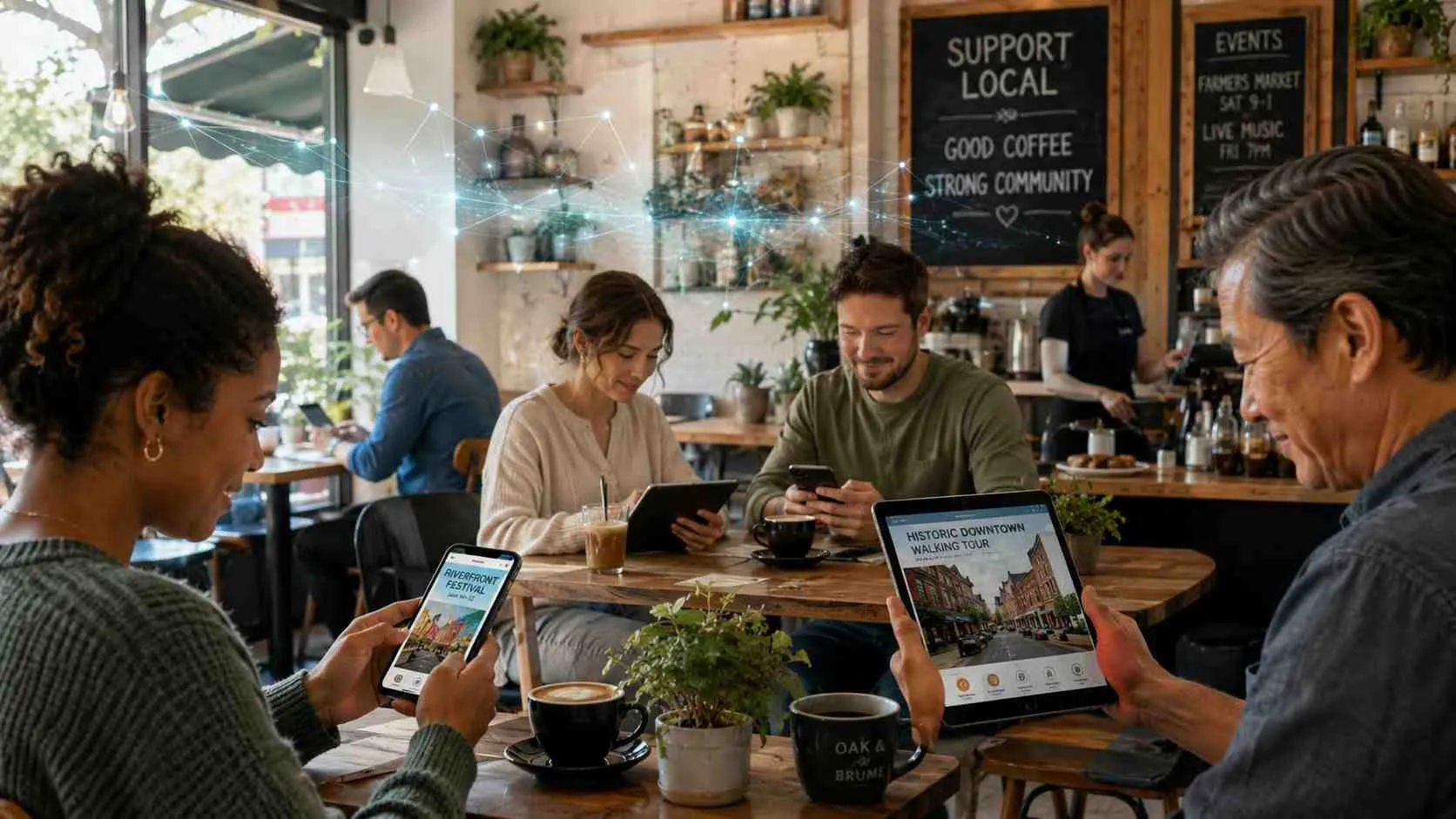 Mensen in een gezellig café die verbonden zijn via hun digitale apparaten en mobiele technologie.