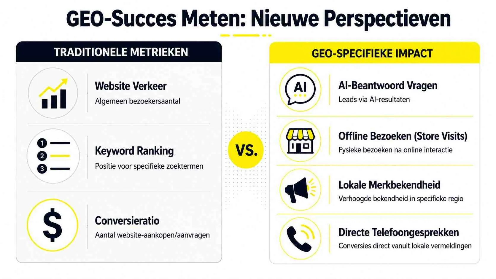 Infographic vergelijkt traditionele SEO-metrieken met nieuwe, geo-specifieke impact-indicatoren voor een moderne marketingstrategie.