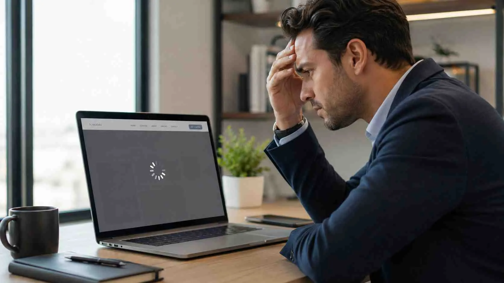 Een gefrustreerde zakenman kijkt naar een laptop met een laadscherm in een modern kantoor aan huis.