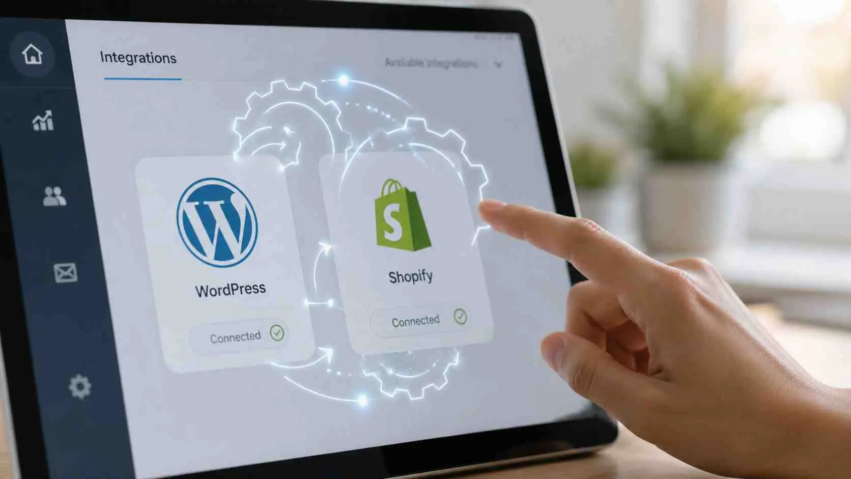 Een persoon raakt het scherm van een tablet aan waarop WordPress en Shopify integraties verbonden worden weergegeven.