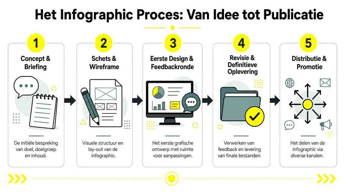 Een stappenplan infographic over het proces van een infographic ontwerpen, van concept tot aan distributie en promotie.