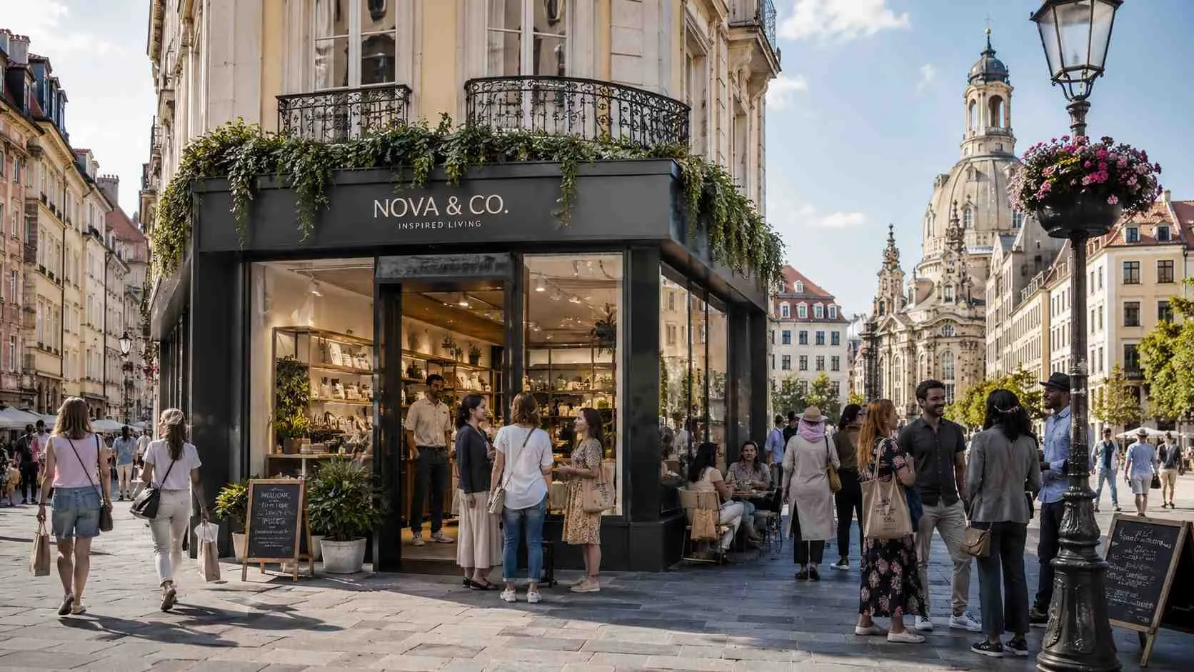 Een elegante winkel Nova & Co in een levendige Europese stad met voorbijgangers en een historisch gebouw.