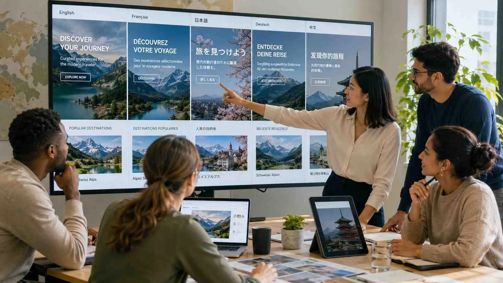Een divers team van professionals vergadert over een internationale SEO-strategie bij een groot presentatiescherm.