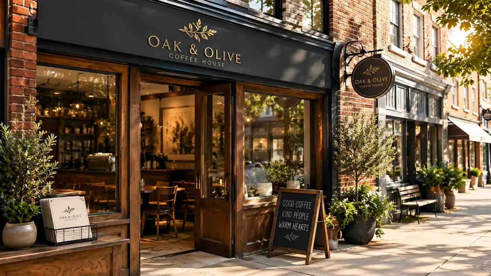 Een sfeervol, rustiek koffiehuis genaamd Oak & Olive met een houten pui en een uitnodigend krijtbord buiten.
