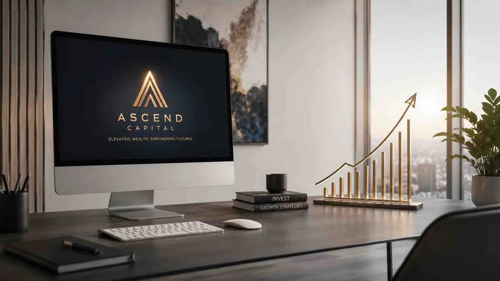 Een modern kantoor met een computer waarop het Ascend Capital logo staat afgebeeld op een bureau.